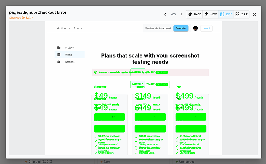 VizDiff diff view UI comparing two screenshots