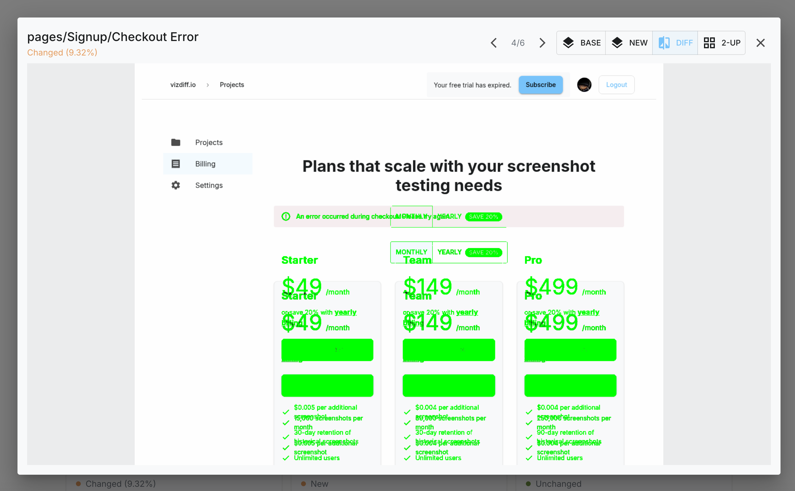 Screenshot details dialog, Diff view