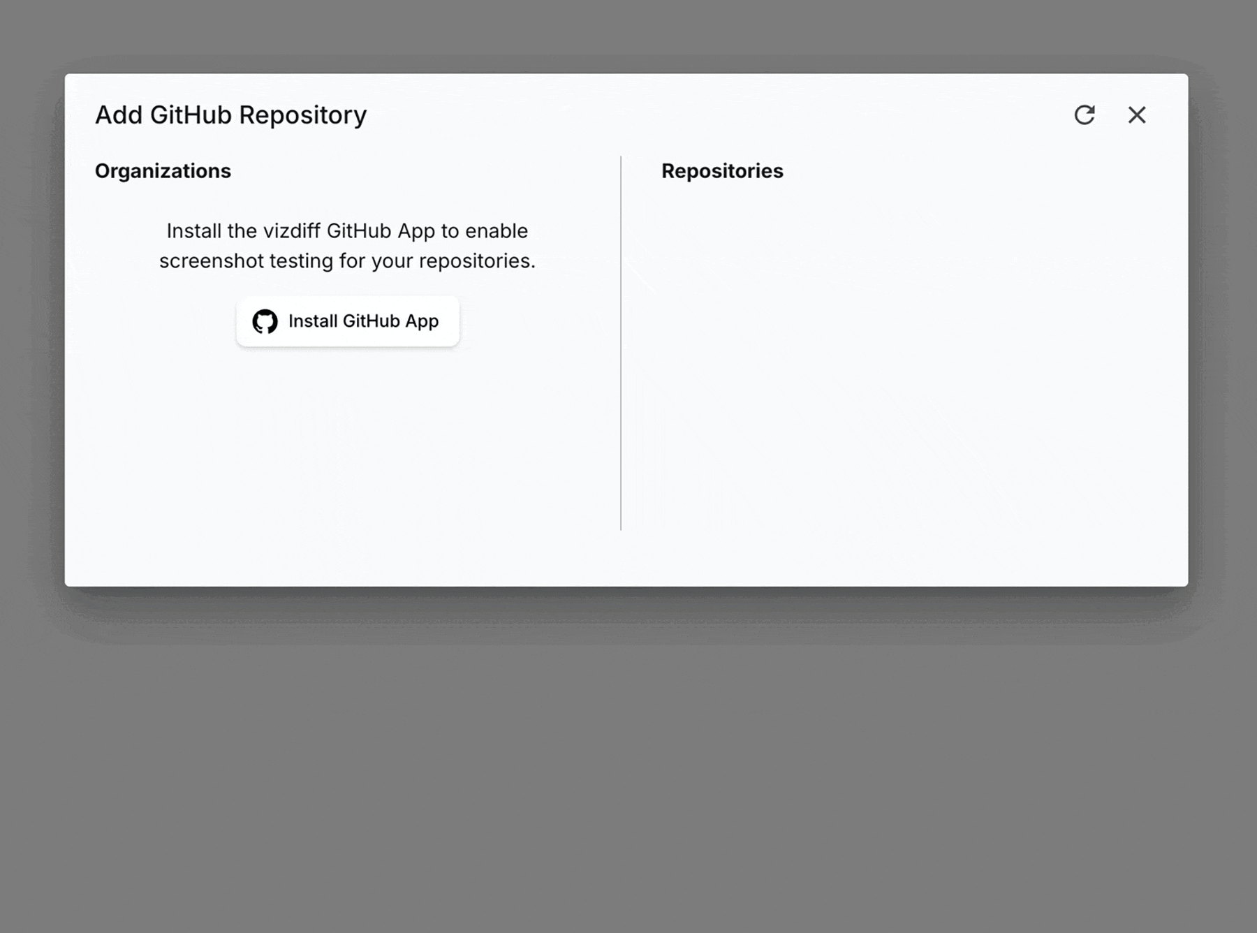 Add project button → dialog with Install App → GitHub install screen → choose organization(s) → back to dialog, pick the repository.